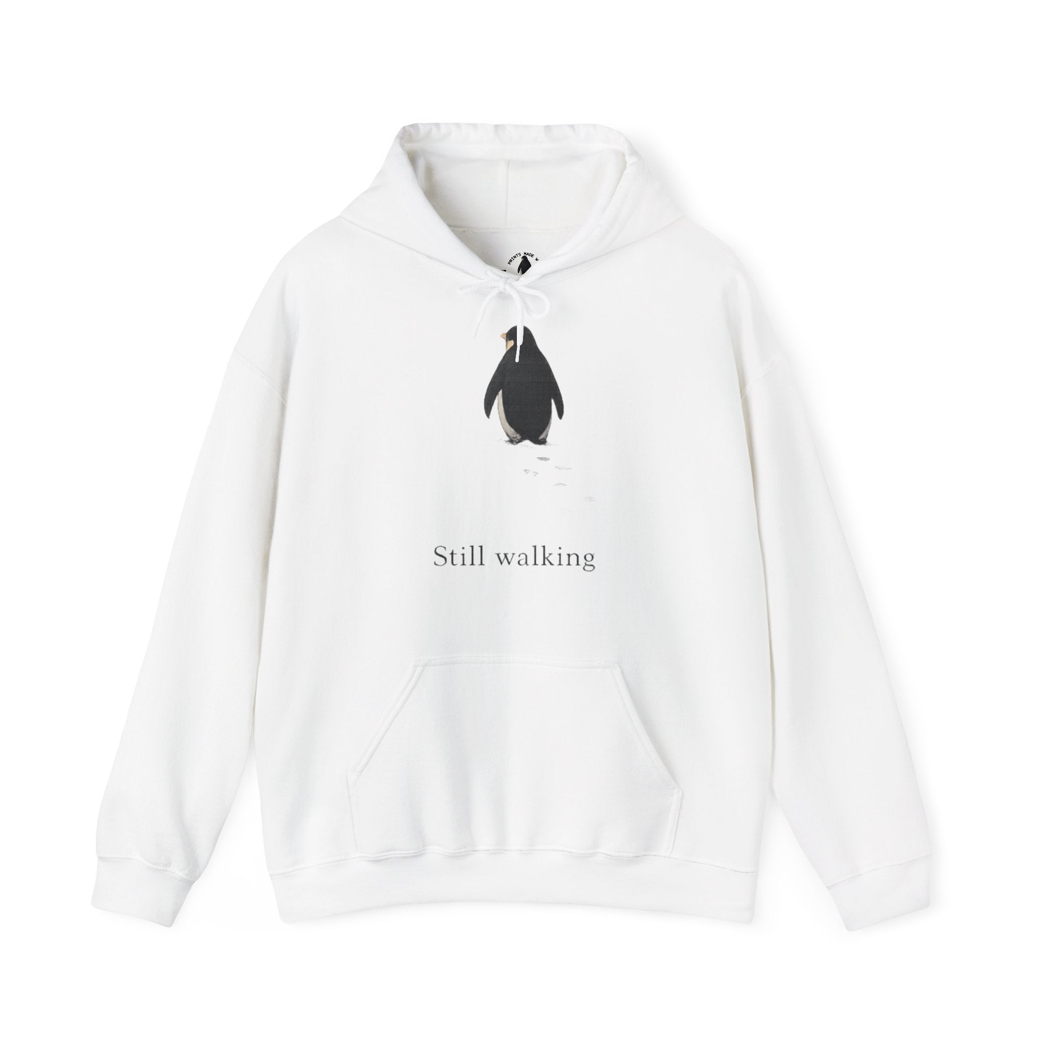 Still Walking Penguin Hoodie — "But Why?" Minimalist Philosophical Unisex Hoodie