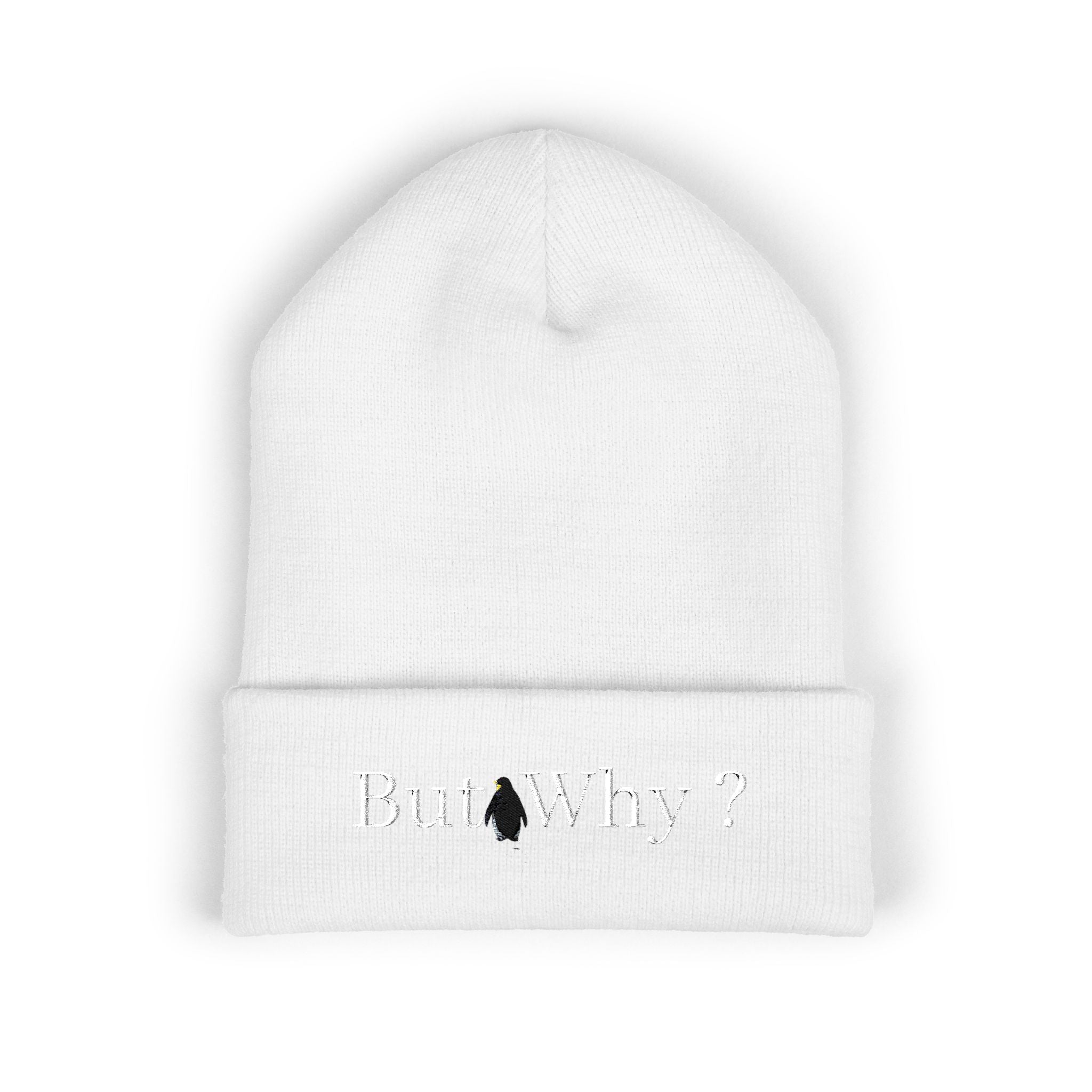But Why? Embroidered Beanie — Cuffed Knit Hat with Penguin