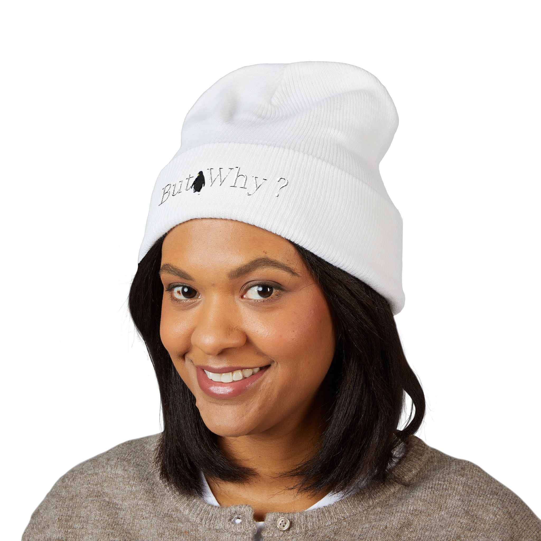 But Why? Embroidered Beanie — Cuffed Knit Hat with Penguin