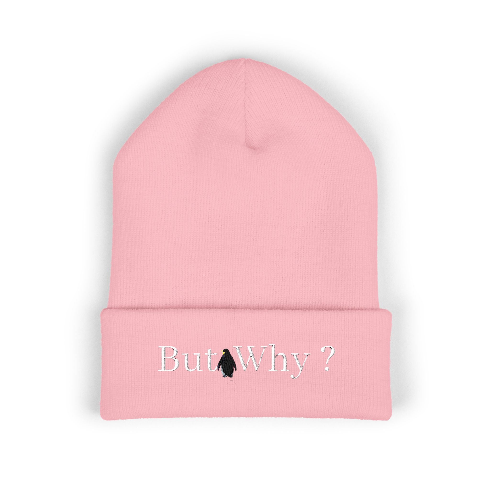 But Why? Embroidered Beanie — Cuffed Knit Hat with Penguin