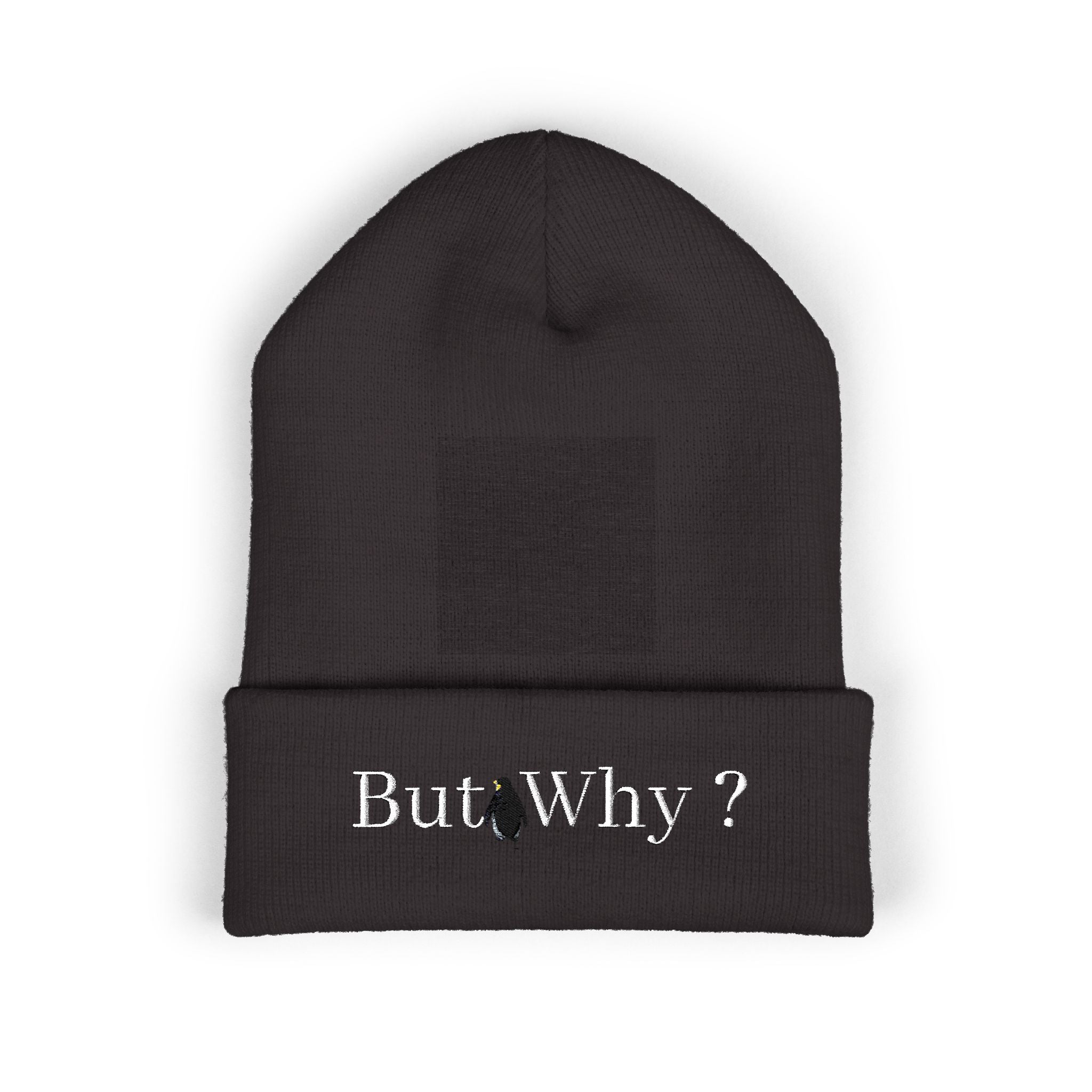 But Why? Embroidered Beanie — Cuffed Knit Hat with Penguin