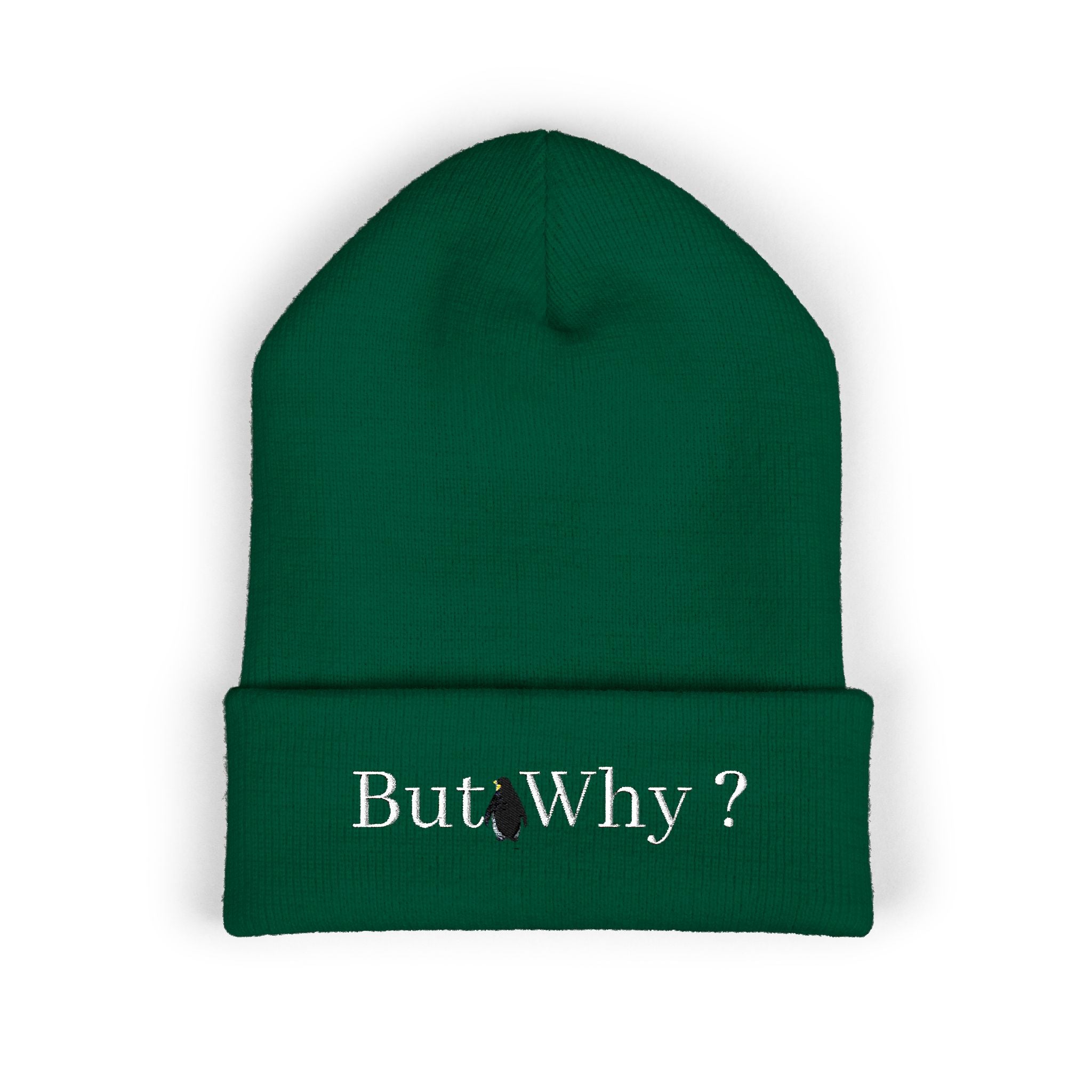 But Why? Embroidered Beanie — Cuffed Knit Hat with Penguin