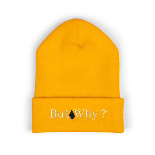 But Why? Embroidered Beanie — Cuffed Knit Hat with Penguin