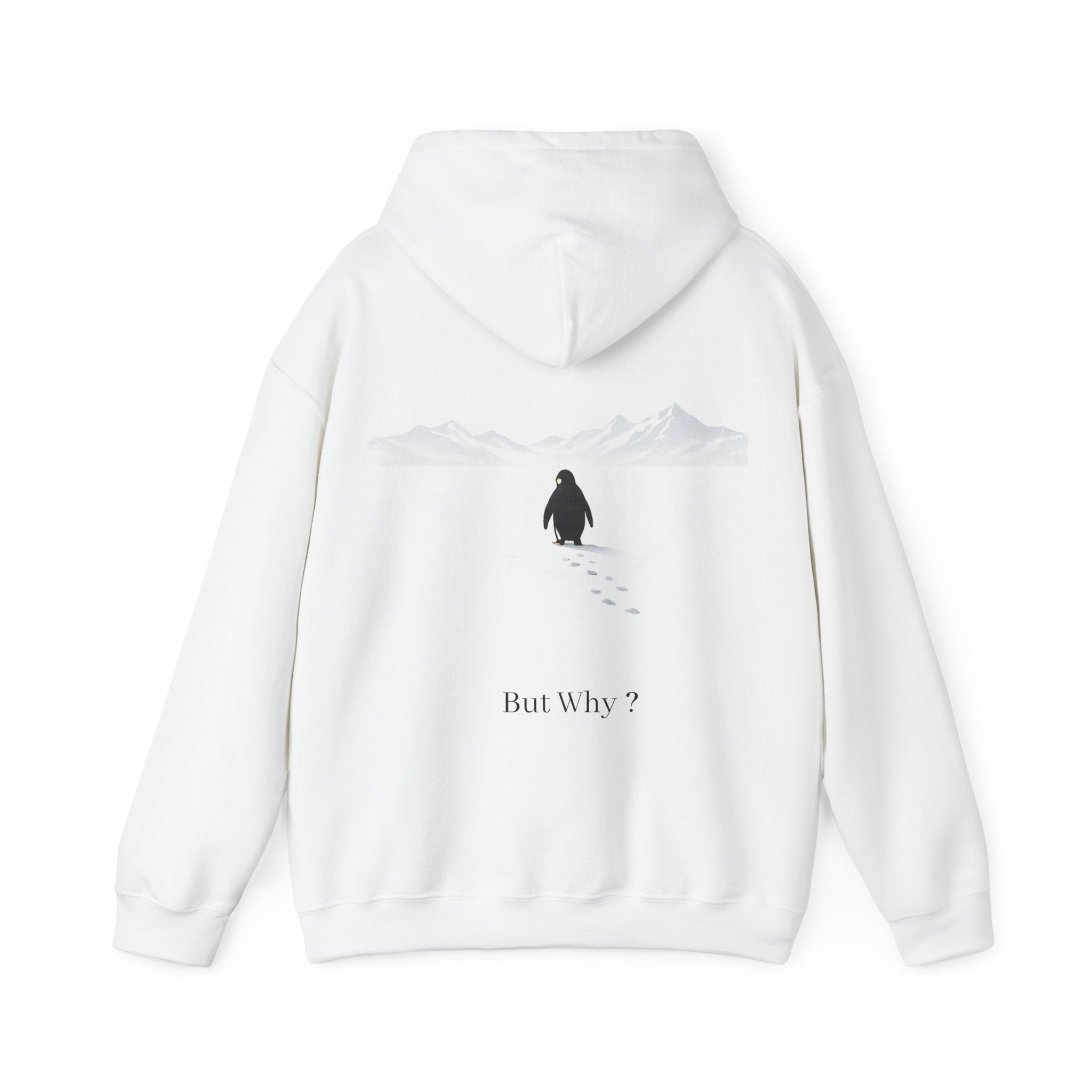 Still Walking Penguin Hoodie — "But Why?" Minimalist Philosophical Unisex Hoodie