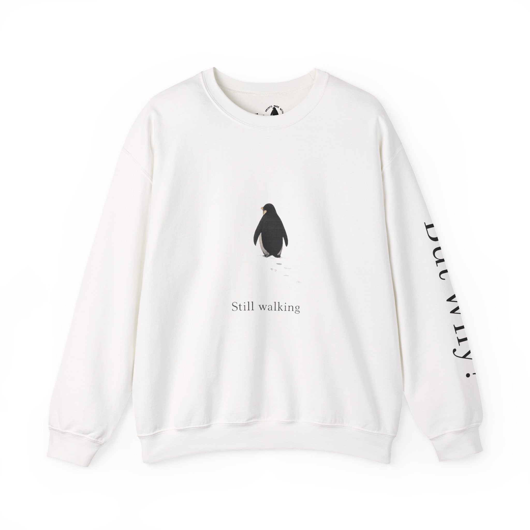 Still Walking Sweatshirt — Minimal Penguin Crewneck with "But Why?" Sleeve