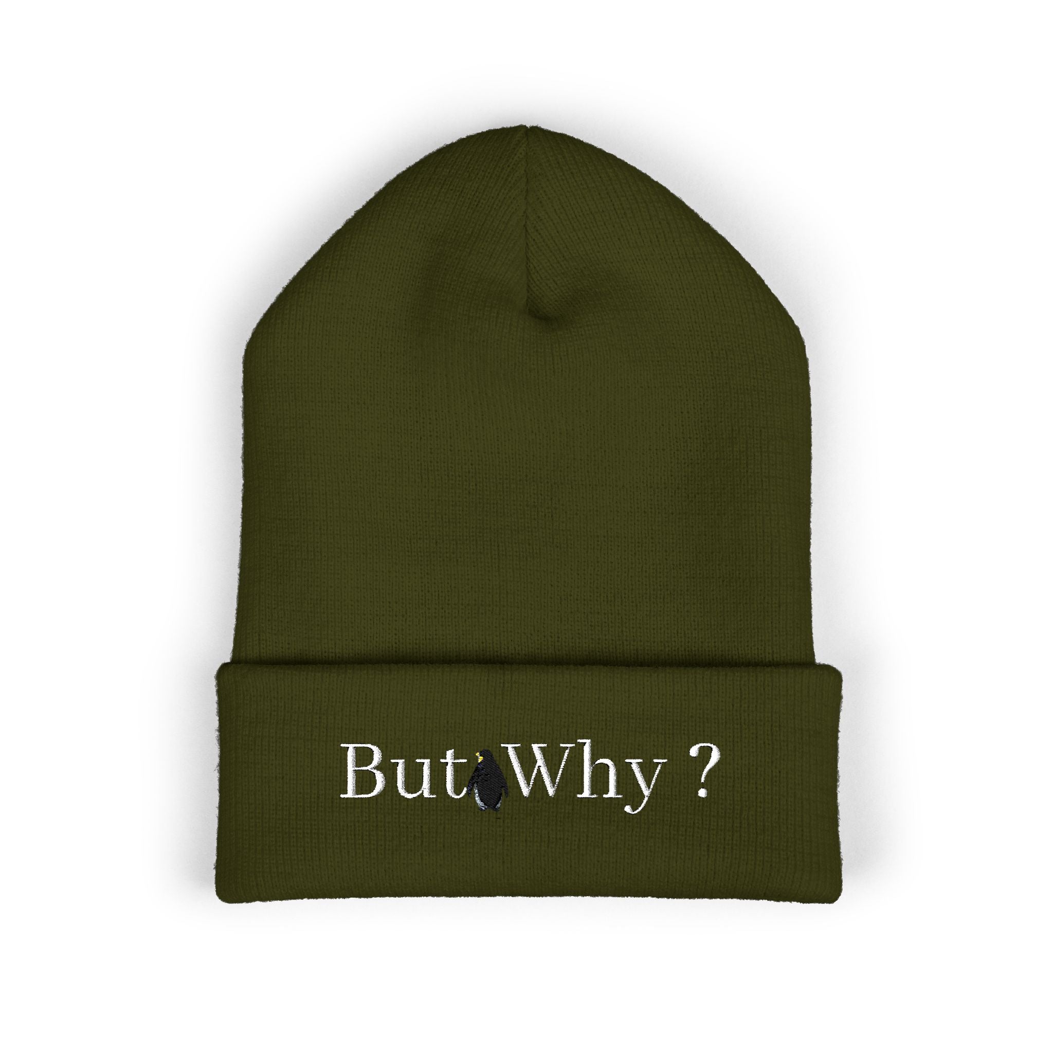 But Why? Embroidered Beanie — Cuffed Knit Hat with Penguin