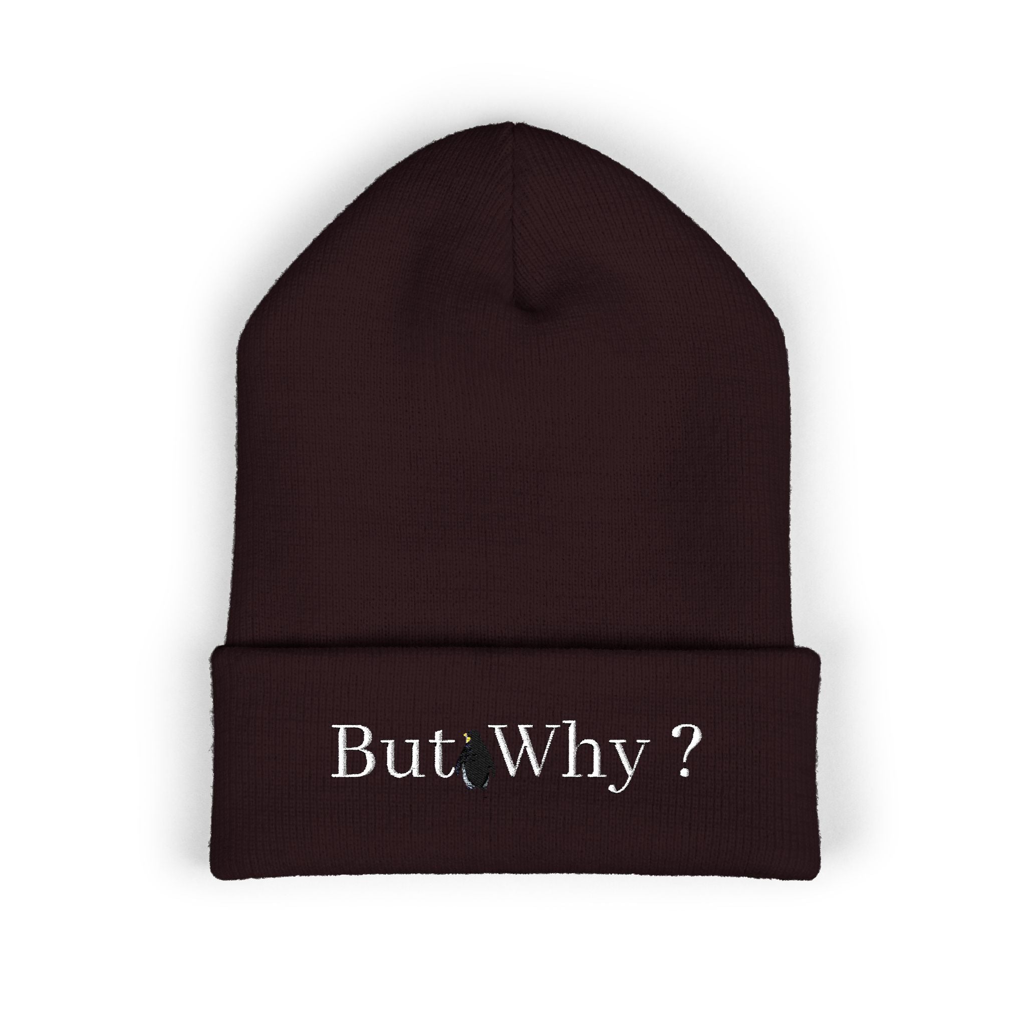 But Why? Embroidered Beanie — Cuffed Knit Hat with Penguin
