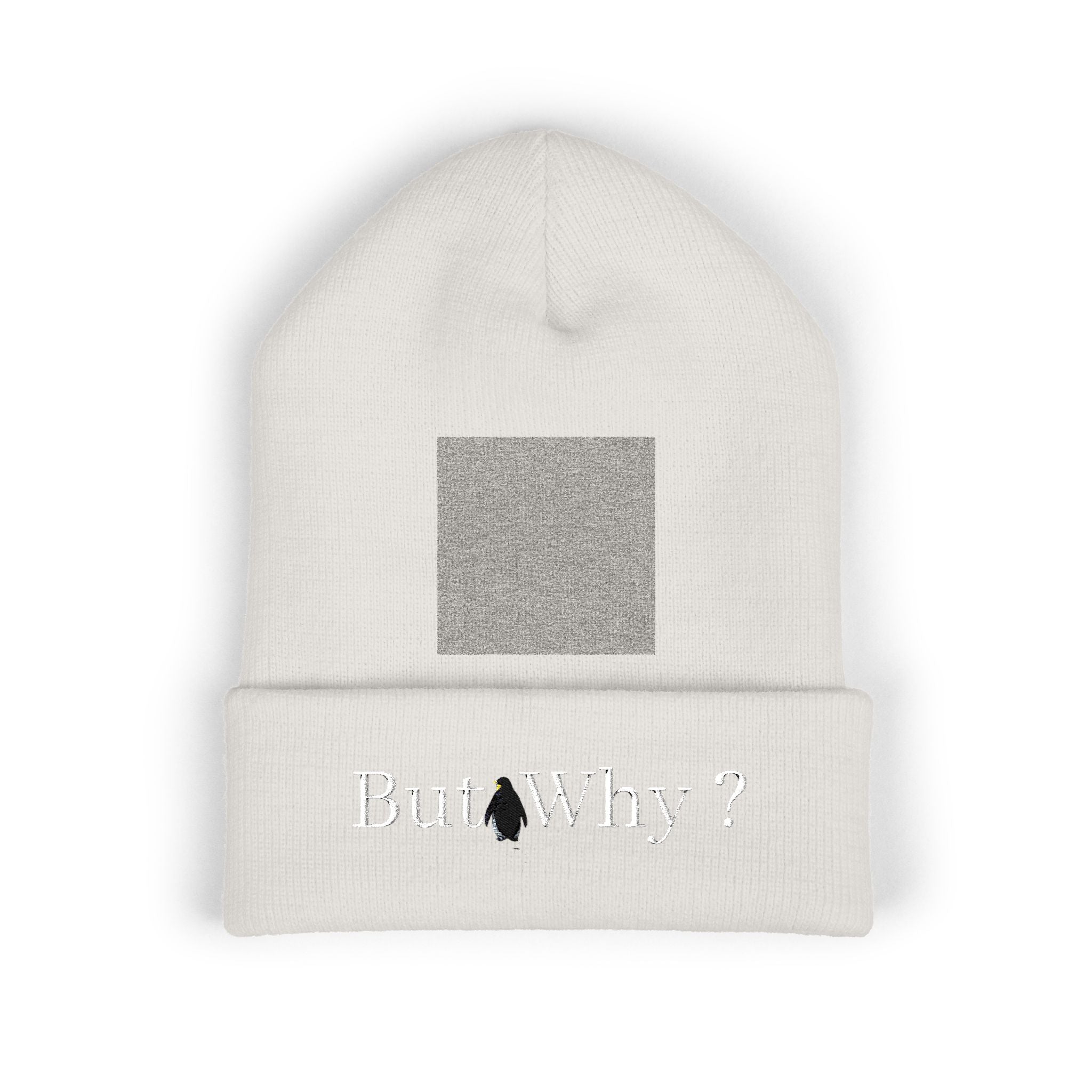 But Why? Embroidered Beanie — Cuffed Knit Hat with Penguin