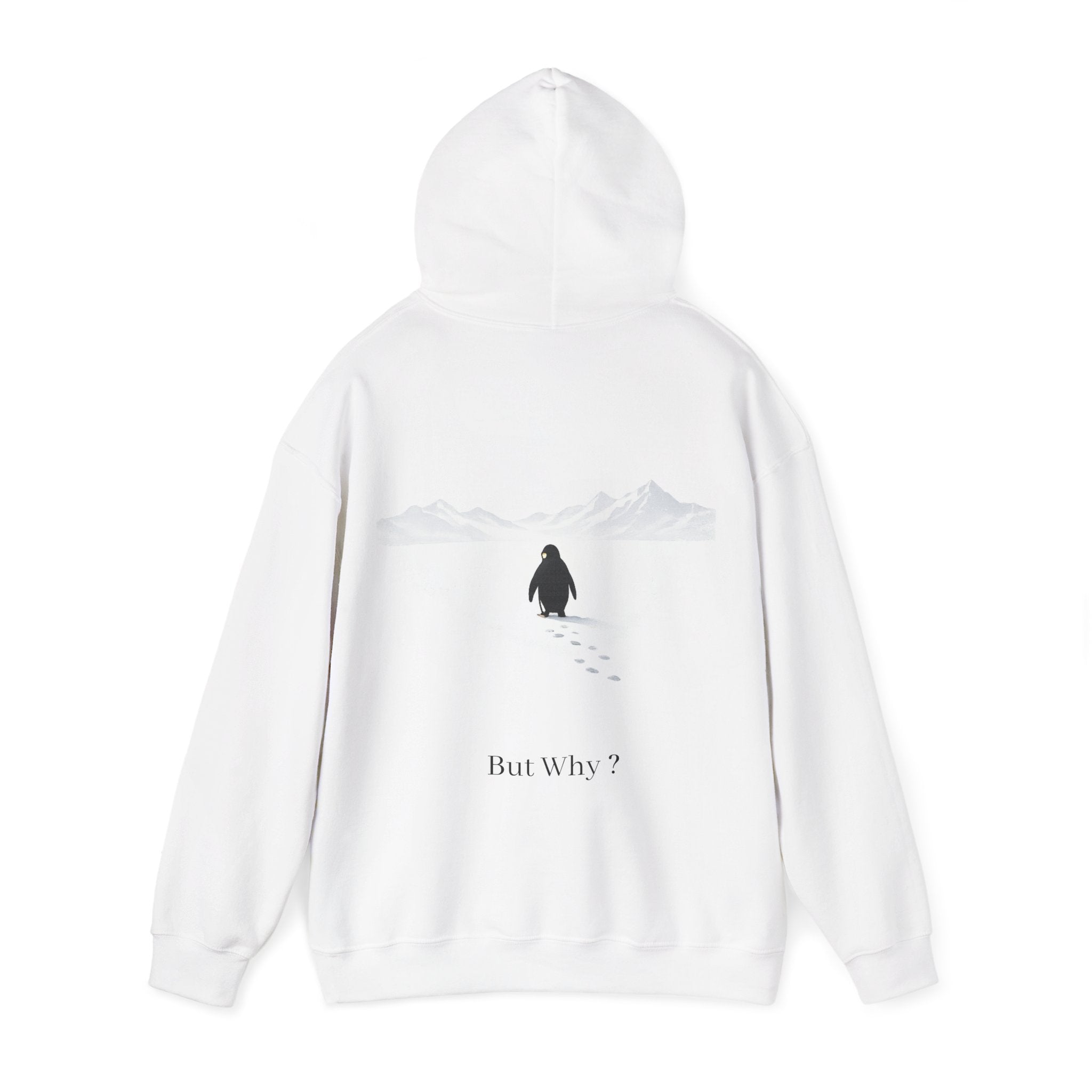 Still Walking Penguin Hoodie — "But Why?" Minimalist Philosophical Unisex Hoodie