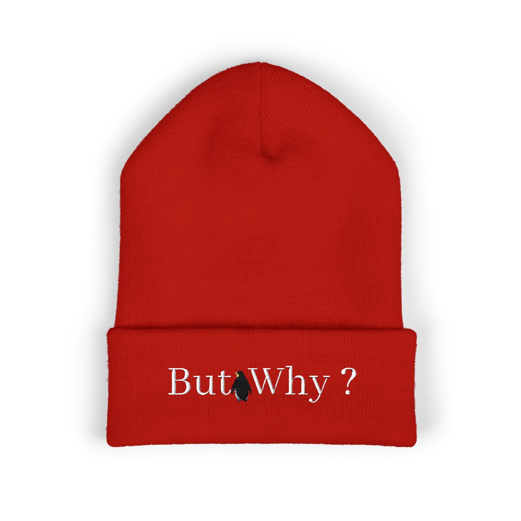 But Why? Embroidered Beanie — Cuffed Knit Hat with Penguin