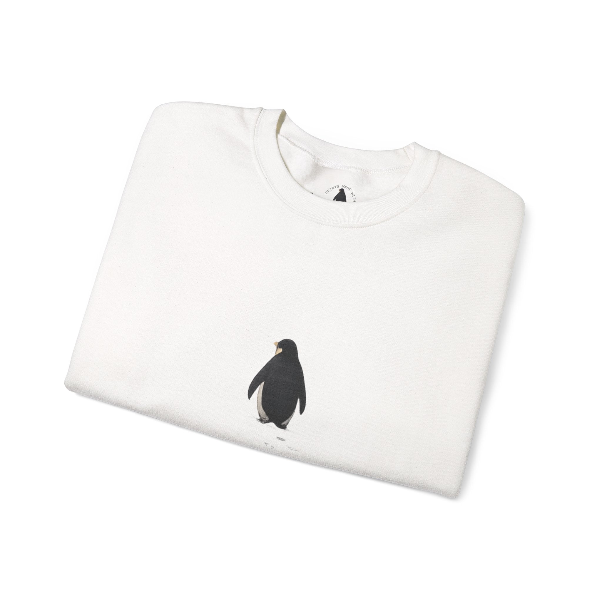 Still Walking Sweatshirt — Minimal Penguin Crewneck with "But Why?" Sleeve